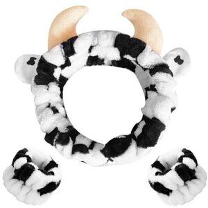 Cow Print Fuzzy Headband & Wristband Set – Cute Horned Spa Hair Band for Women